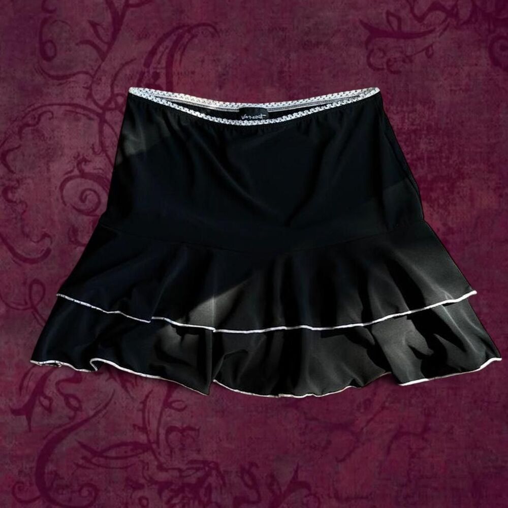 VTG Y2K Von Mozart Black Ruffle Mini Skirt Lace Trim Contrast Stitch Large